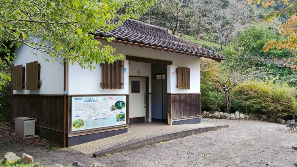 駐車場横にトイレがある